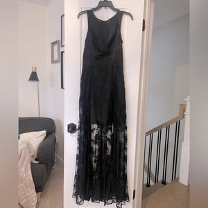 Full lace mini BEBE dress with floor length lace overlay.